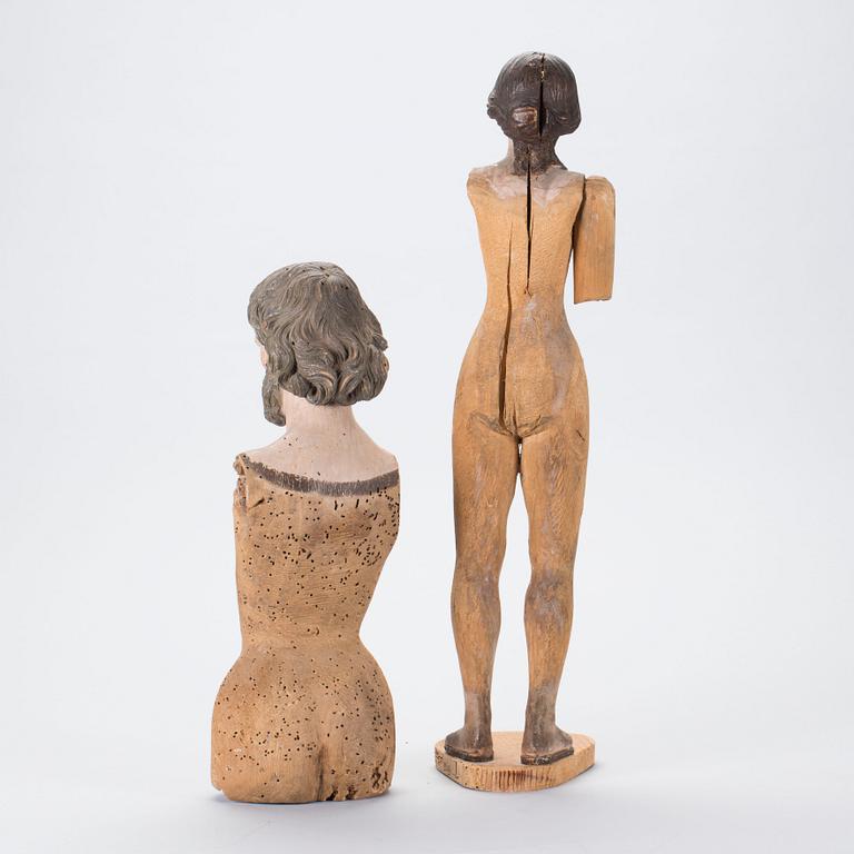 RELIGIÖSA FIGURER, 2 st, 1800-tal eller äldre.