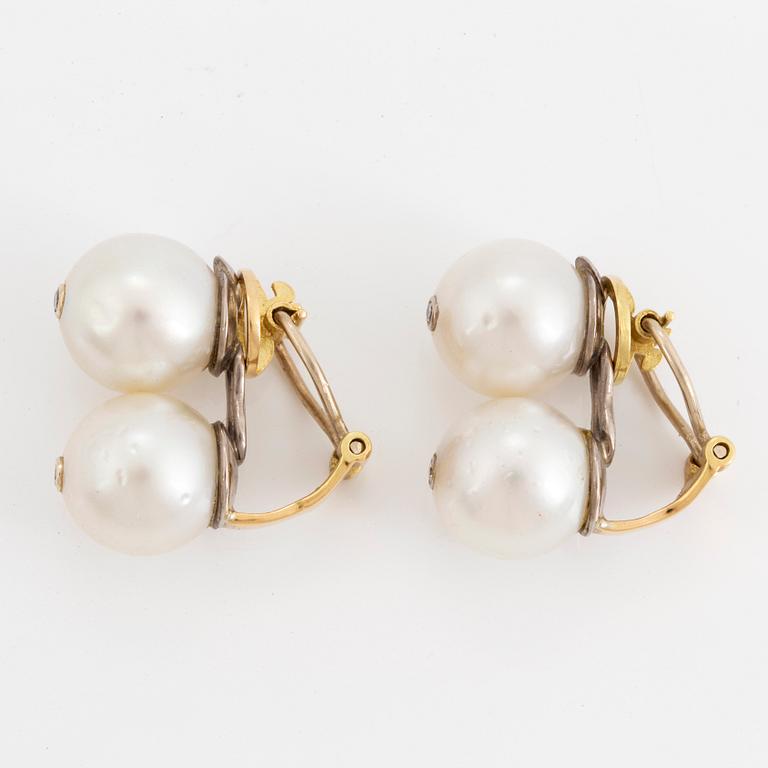 Cultured pearl and brilliant-cut diamond earrings.