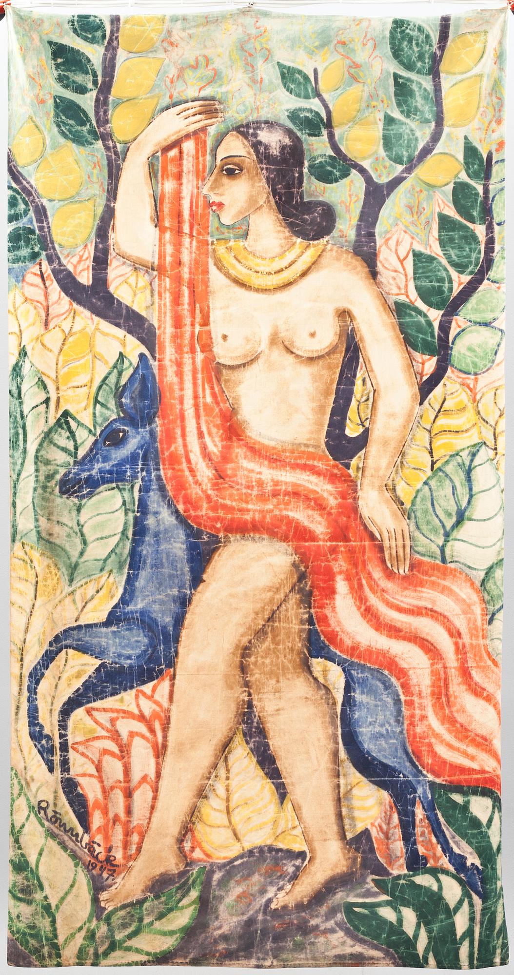 MÅLNING, bemålad textil. Art Deco, signerad Rönnbäck daterad 1947.