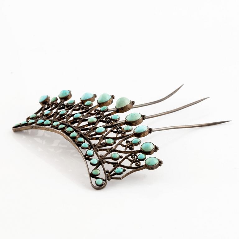 Hair comb silver and turquoise, ca 1870's.
