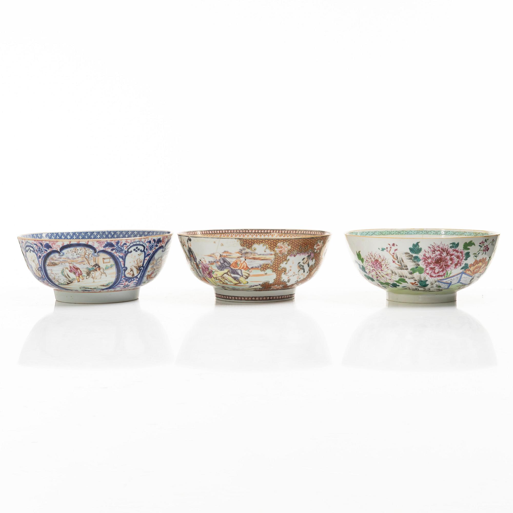 Three porcelain punch bowls, China, Qianlong (1736-95).