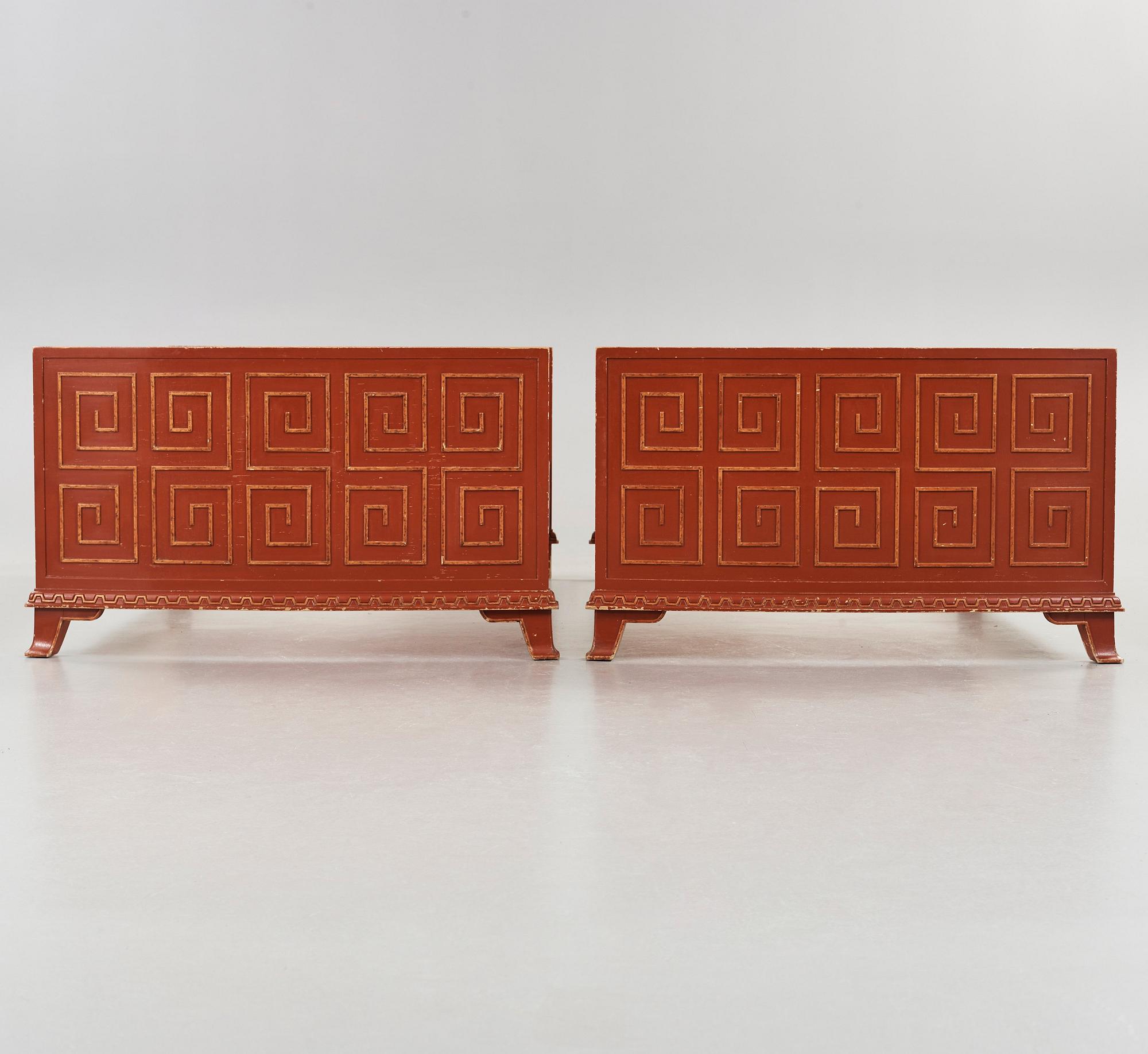Axel Einar Hjorth, a pair of Swedish Grace 'Åbo' chinese red bed frames, Nordiska Kompaniet, ca 1929-30.