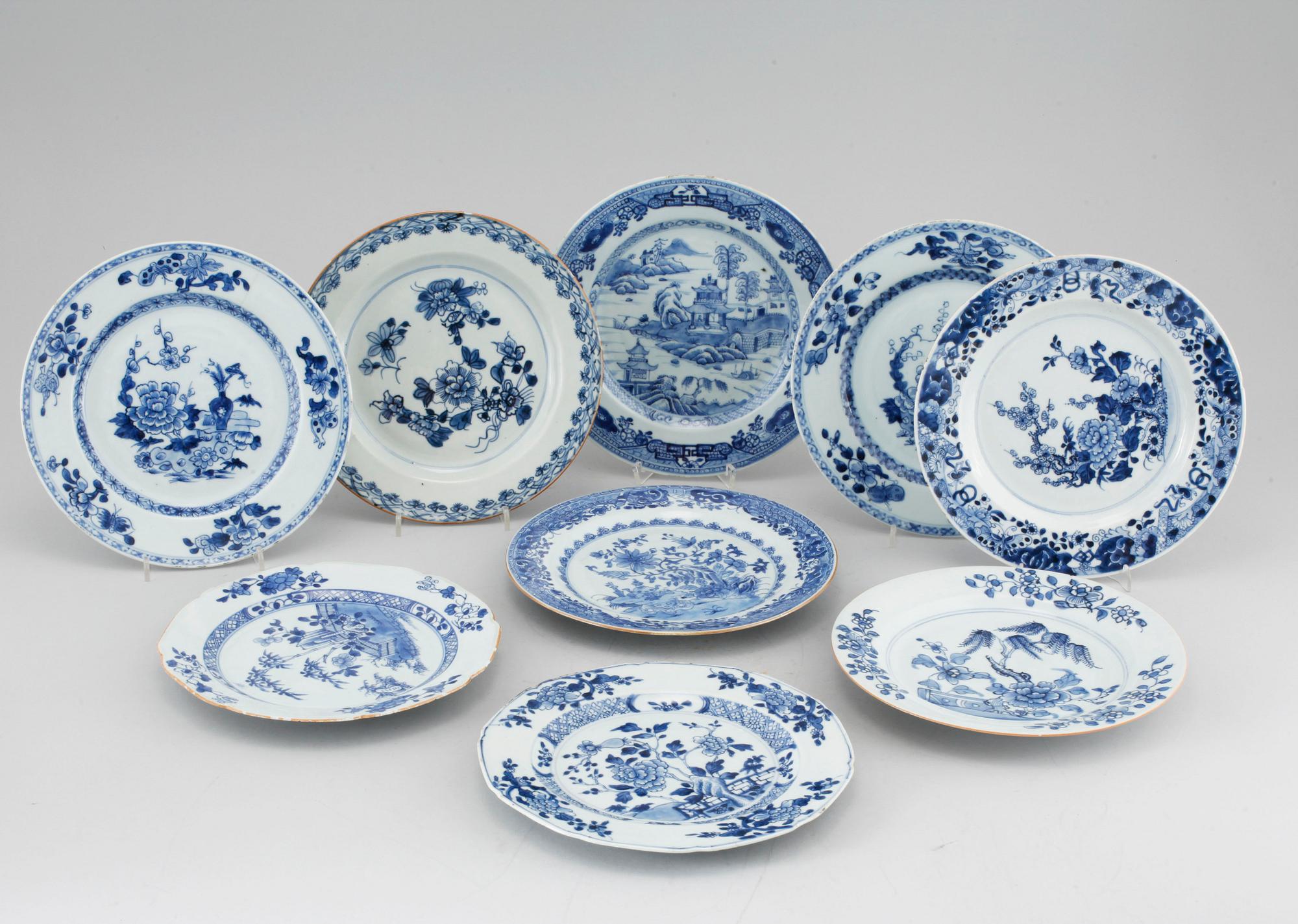 Nine blue and white dinner plates, Qianlong (1736-95).