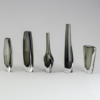 NILS LANDBERG, vaser, 5 st, Orrefors, signerade, 1900-talets mitt.