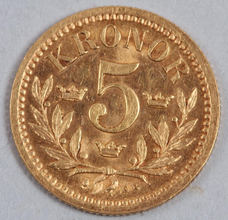 FEMKRONA, guld, Sverige 1901. 2 gram.