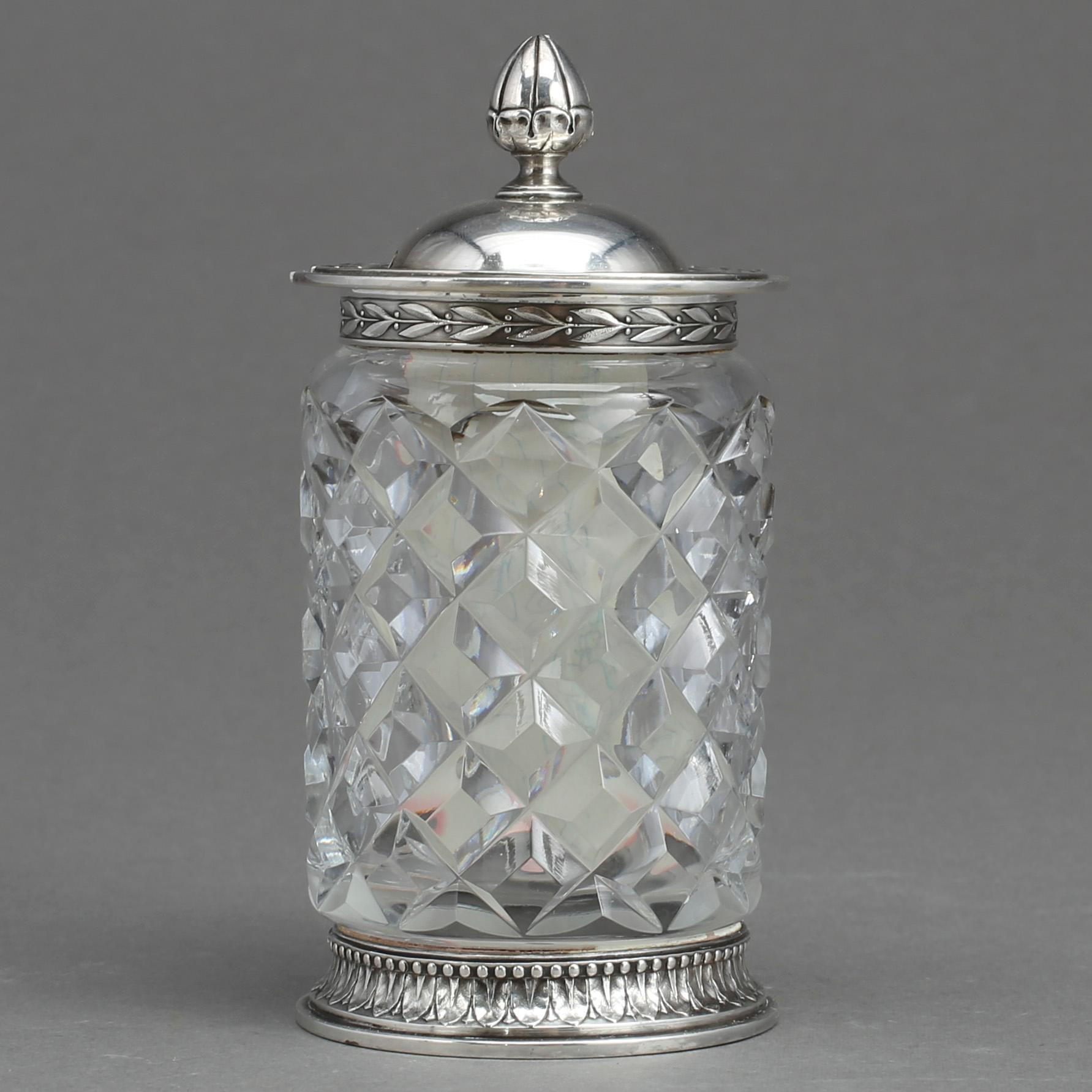 MARMELADBURK/SENAPSBURK, silver och glas. W A Bolin, Stockholm 1919.