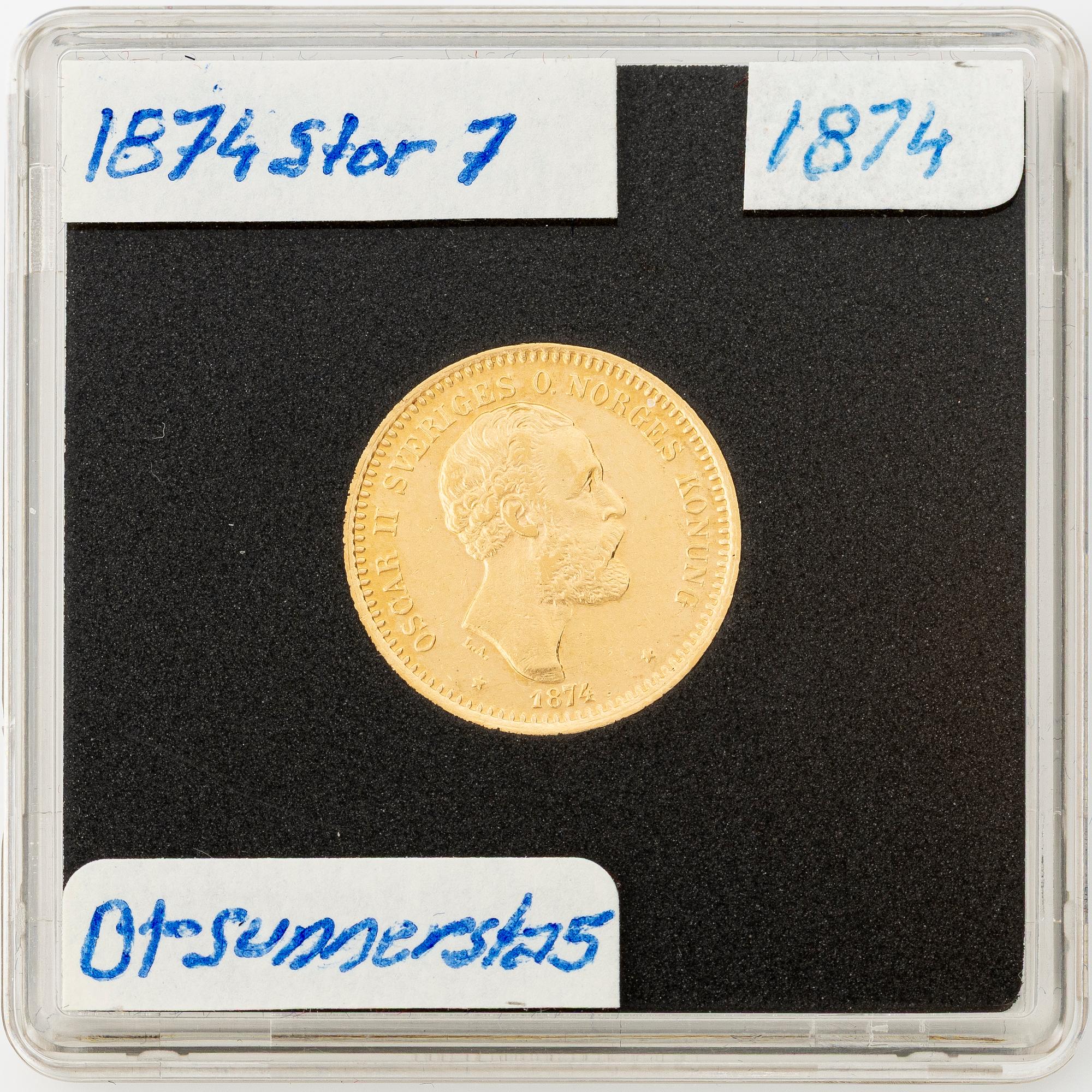 Gold coin, Oscar II, 10 kronor, type I, Sweden 1874.