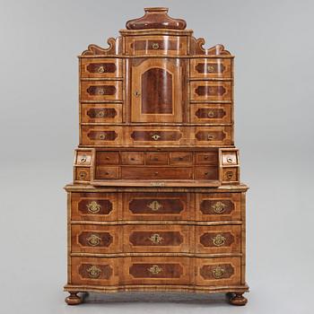 A South German late Baroque walnut and burr-walnut writing cabinet, first part of the 18th century.