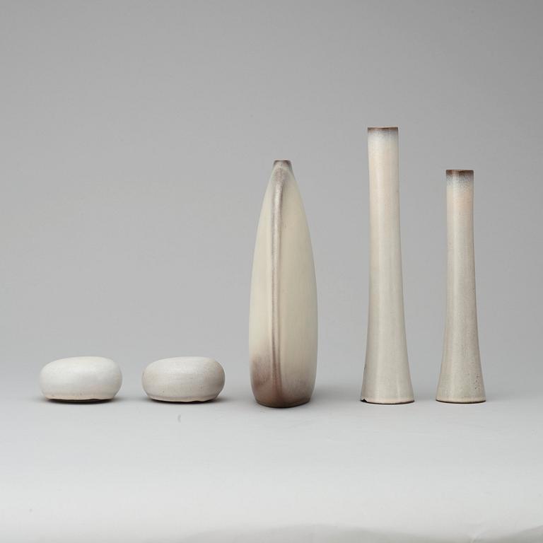 A set of three Jacques & Dani Ruelland glazed ceramic vases and two sculptures, France 1960's.