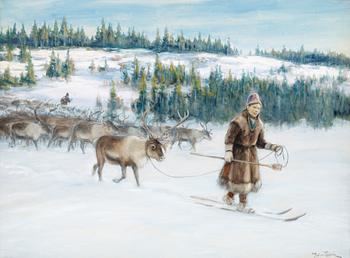 146. Johan Tirén, Winter landscape with laplanders and reindeer.