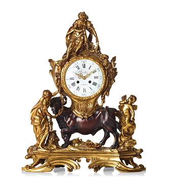 A Louis XV-style late 19th century mantel clock.