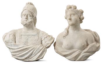 719. A pair of Swedish Baroque 17th century white marble busts representing Pomona och Mars.