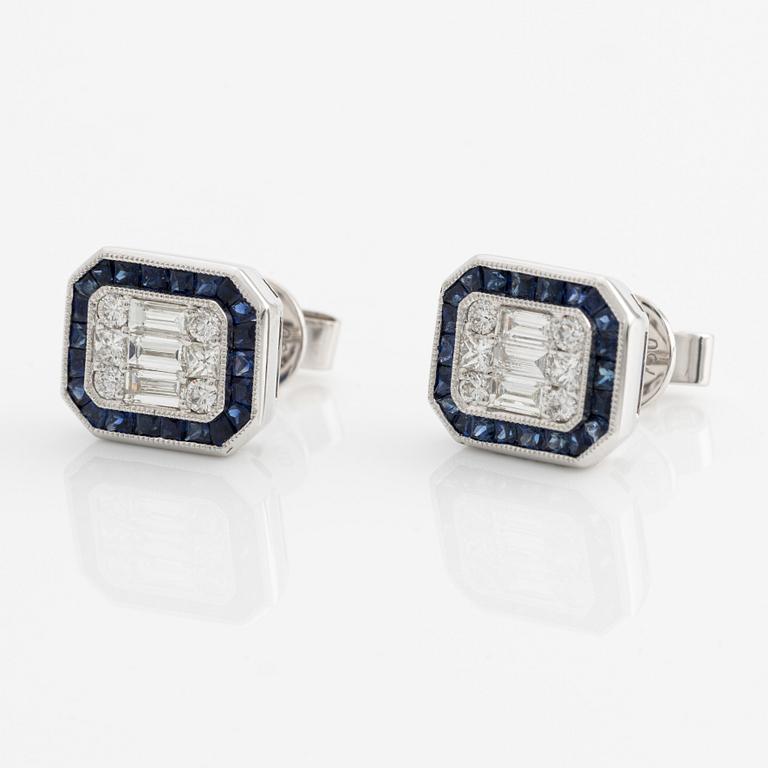 Earrings with baguette and brilliant-cut diamonds and sapphires.