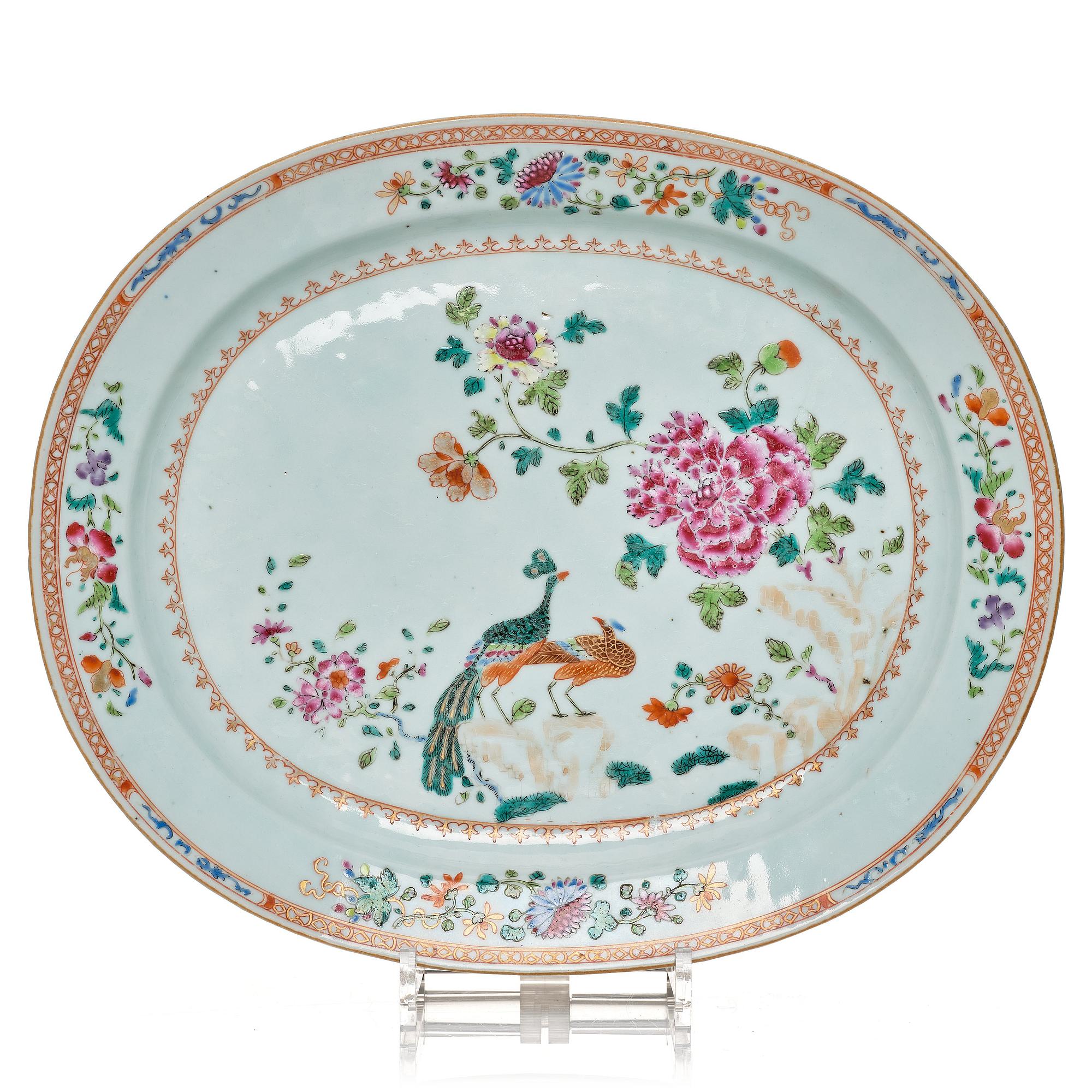 A famille rose 'double peacock' serving dish, Qing dynasty, Qianlong (1736-95).