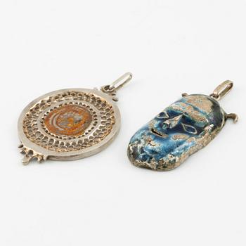 Lars Arrhenius, three pendants and a pair of earrings, sterling silver and enamel, Gothenburg, among others, 1969 and 1972.