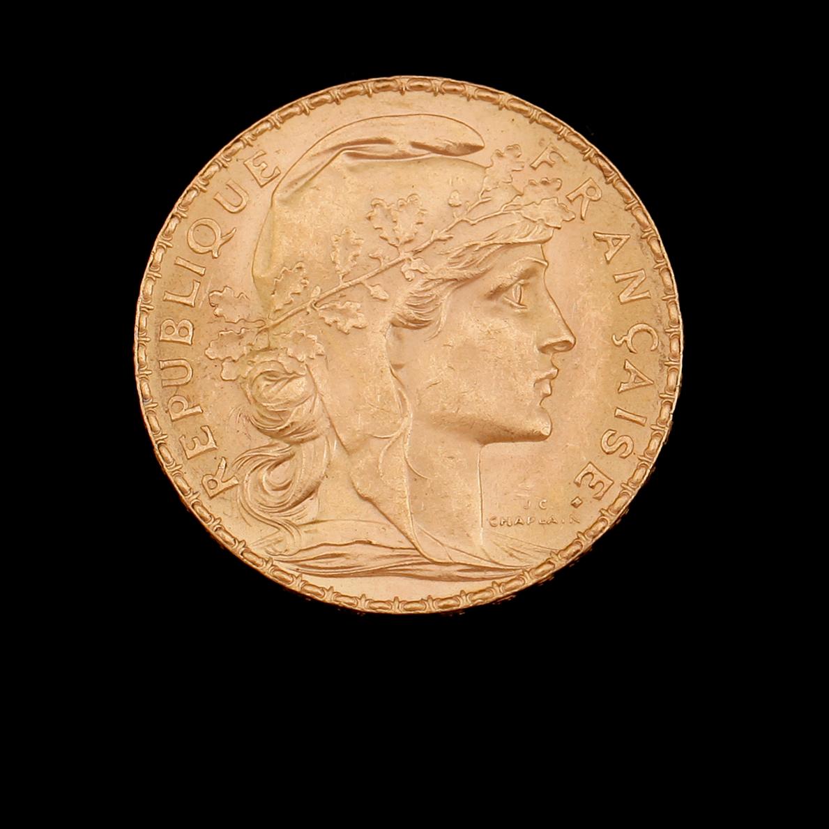 GULDMYNT, 20 franc, Frankrike, 1913. Vikt ca 6 gram.