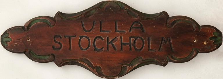 Namnskylt för båt "Ulla Stockholm" 1900-tal.