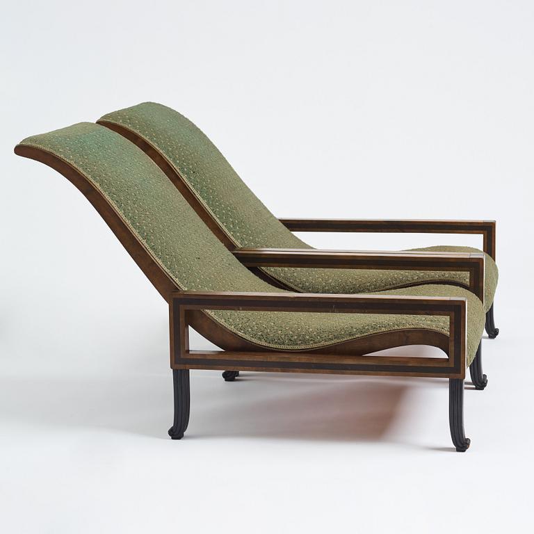 Carl Hörvik, a pair of mahogany-stained birch lounge chairs, Swedish Grace 1920s.