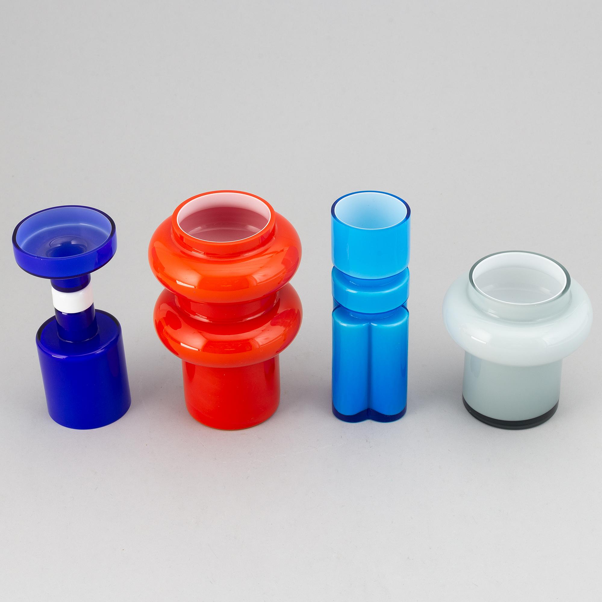 PO Ström, a set of four glass vases from Alsterfors, signed.