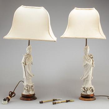 A pair of blanc de chine figurines mounted as lamps, China, 20th Century.