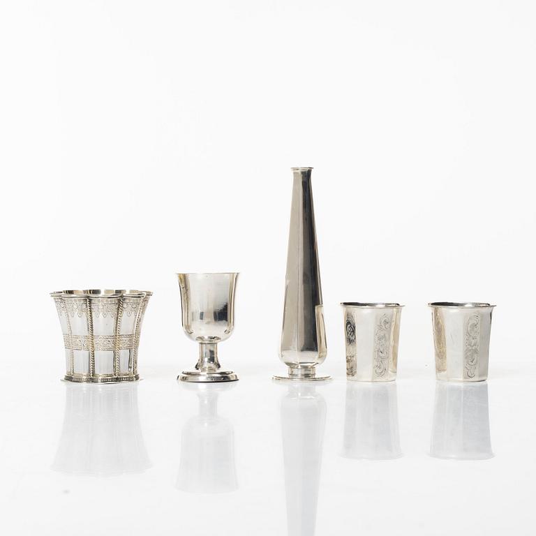Three silver beakers, a vase and a cup, Sweden and Denmark, 19th-20th century.