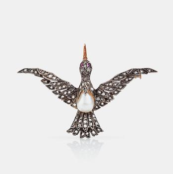 A rose-cut diamond, probably natural pearl and ruby, bird brooch.