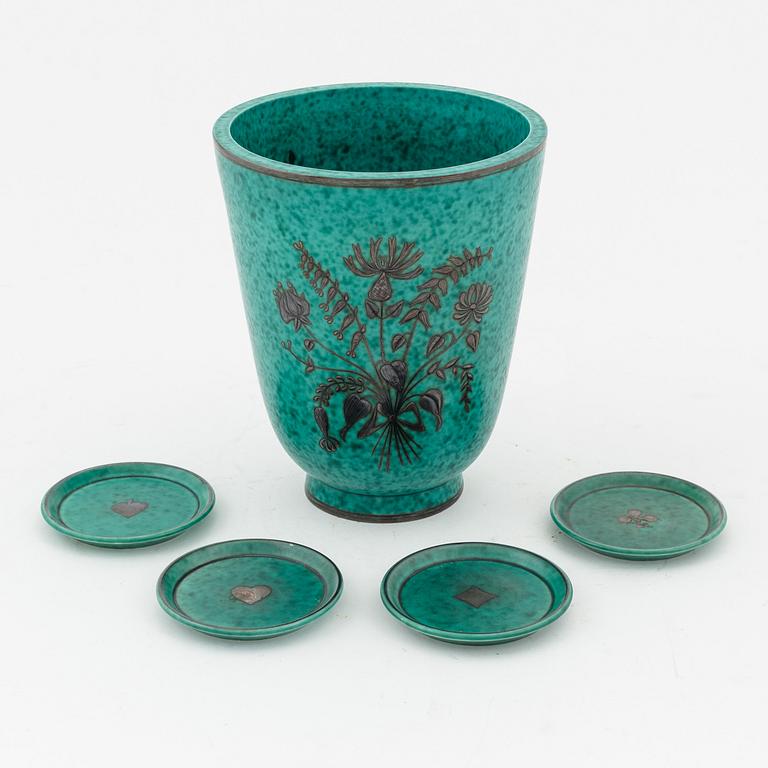 Wilhelm Kåge, an 'Argenta' vase and four dishes, stoneware, Gustavsberg, Sweden.