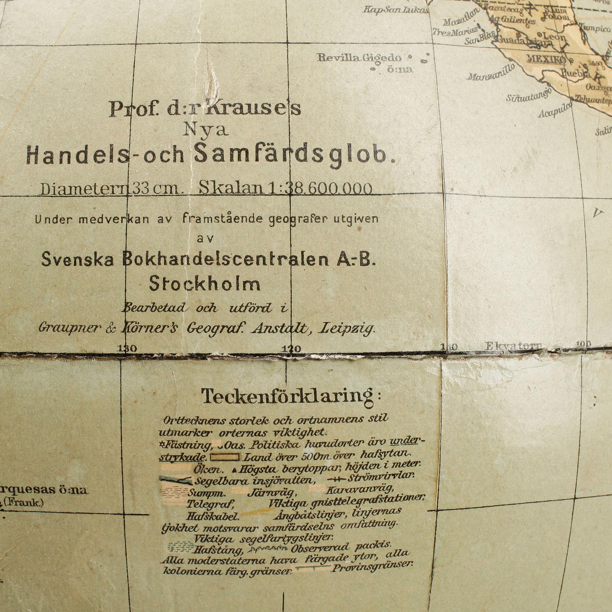 JORDGLOB, Dr. Krauses Handels- och Samfärdsglob, Leipzig, 1900-talets första hälft.