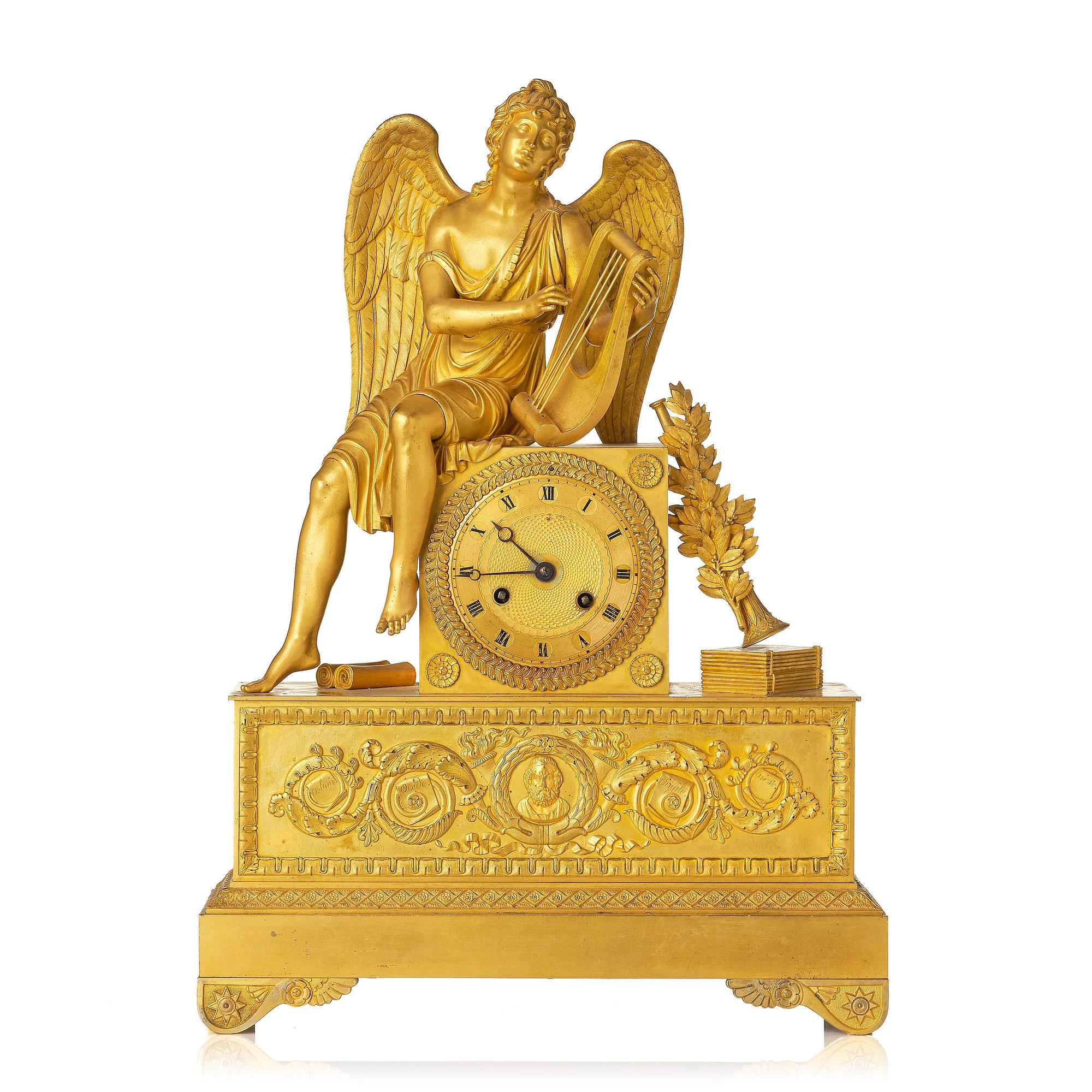 A figural Empire ormolu mantel clock, Paris, early 19th century.