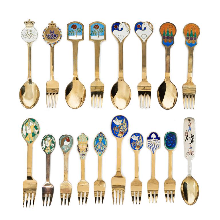 Anton Michelsen, Annual flatware set, 24 pieces, gilt sterling silver and enamel, 1970s/80s.
