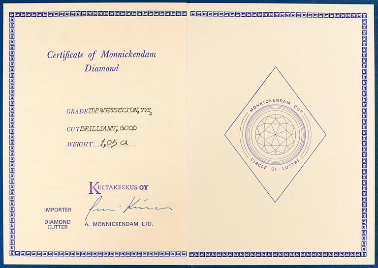 A DIAMOND, brilliant cut, TW (F-G) /VVS2 1,05 ct.