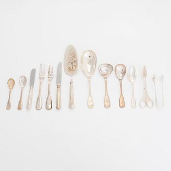 Cutlery, sterling silver, 16 pieces, Germany, and 10 pieces, nickel silver, Sweden, and one silver-plated piece from Christofle. 20th century.