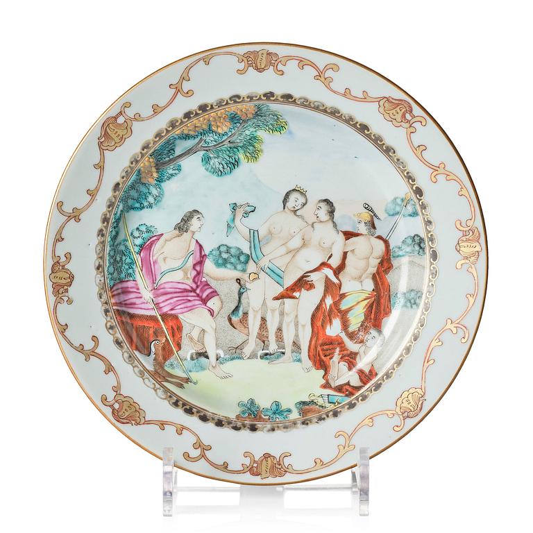 A famille rose 'European Subject' plate depicting the Judgement of Paris, Qing dynasty, Qianlong (1736-95).