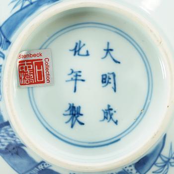 A blue and white bowl, Qing dynasty, 18th Century, with Chenghua six character mark.