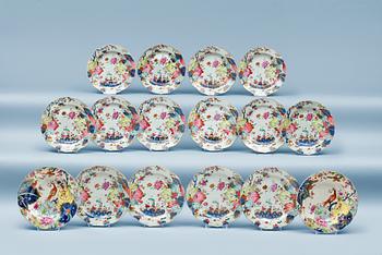 1617. A set of 16 famille rose 'tobacco leaf' plates, Qing dynasty, Qianlong (1736-95).