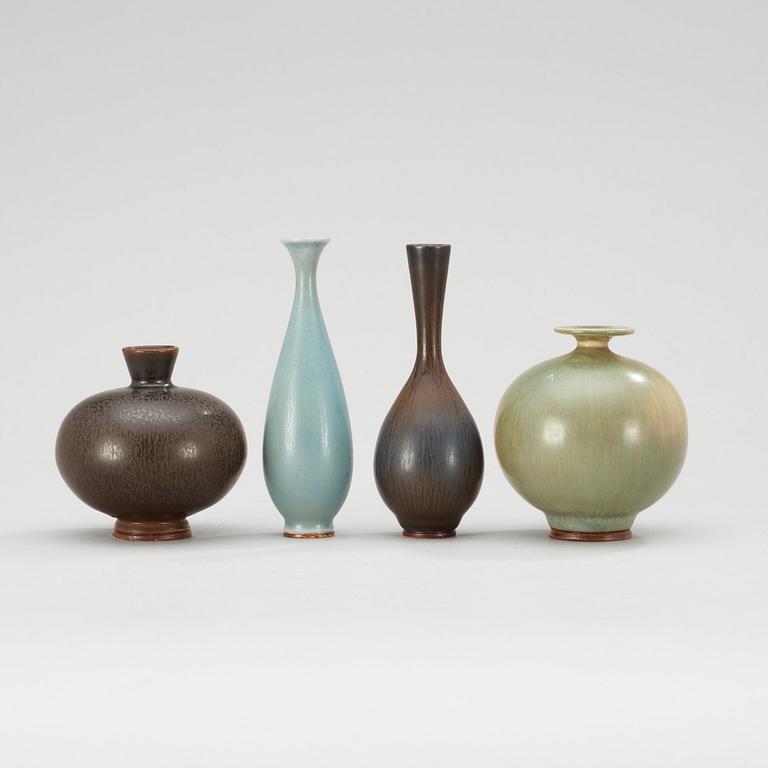 A set of four Berndt Friberg stoneware vases, Gustavsberg Studio, one dated 1974.