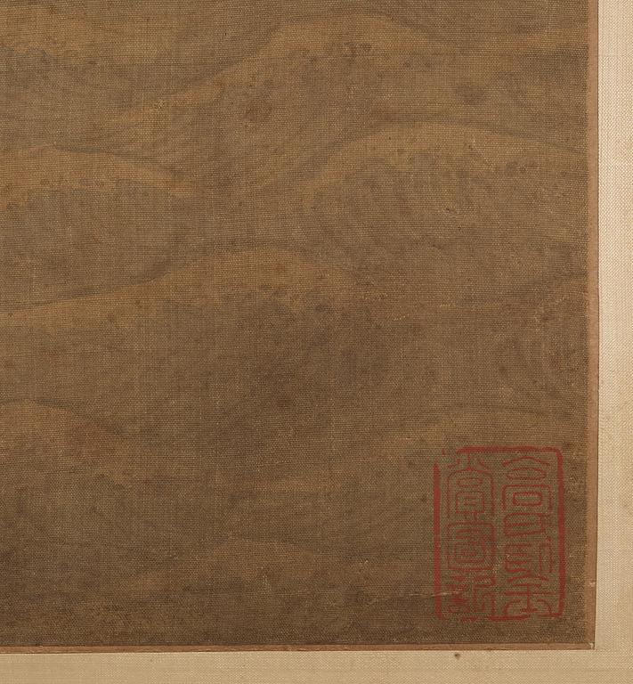 A hanging scroll of a landscape with figures, in the style of the Tang artist Zhu Niching, Qing dynasty, 19th century.