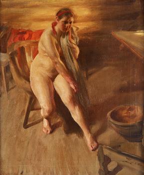 586. Anders Zorn, "Omorgnad - interiör med naken kulla, Örjas Ida".