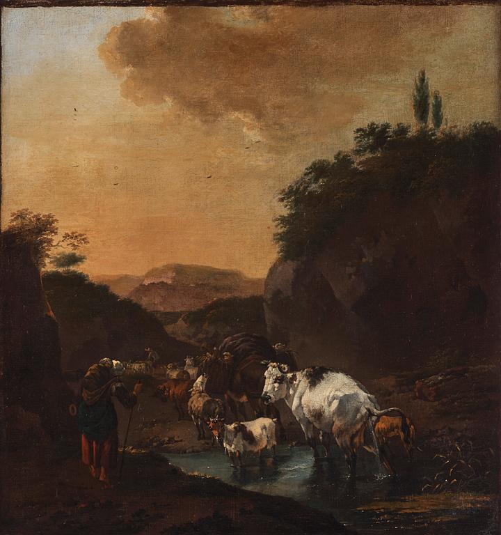 Jan Frans Soolmaker, Shepherd with Sheep, Cows and Goats in a Landscape.
