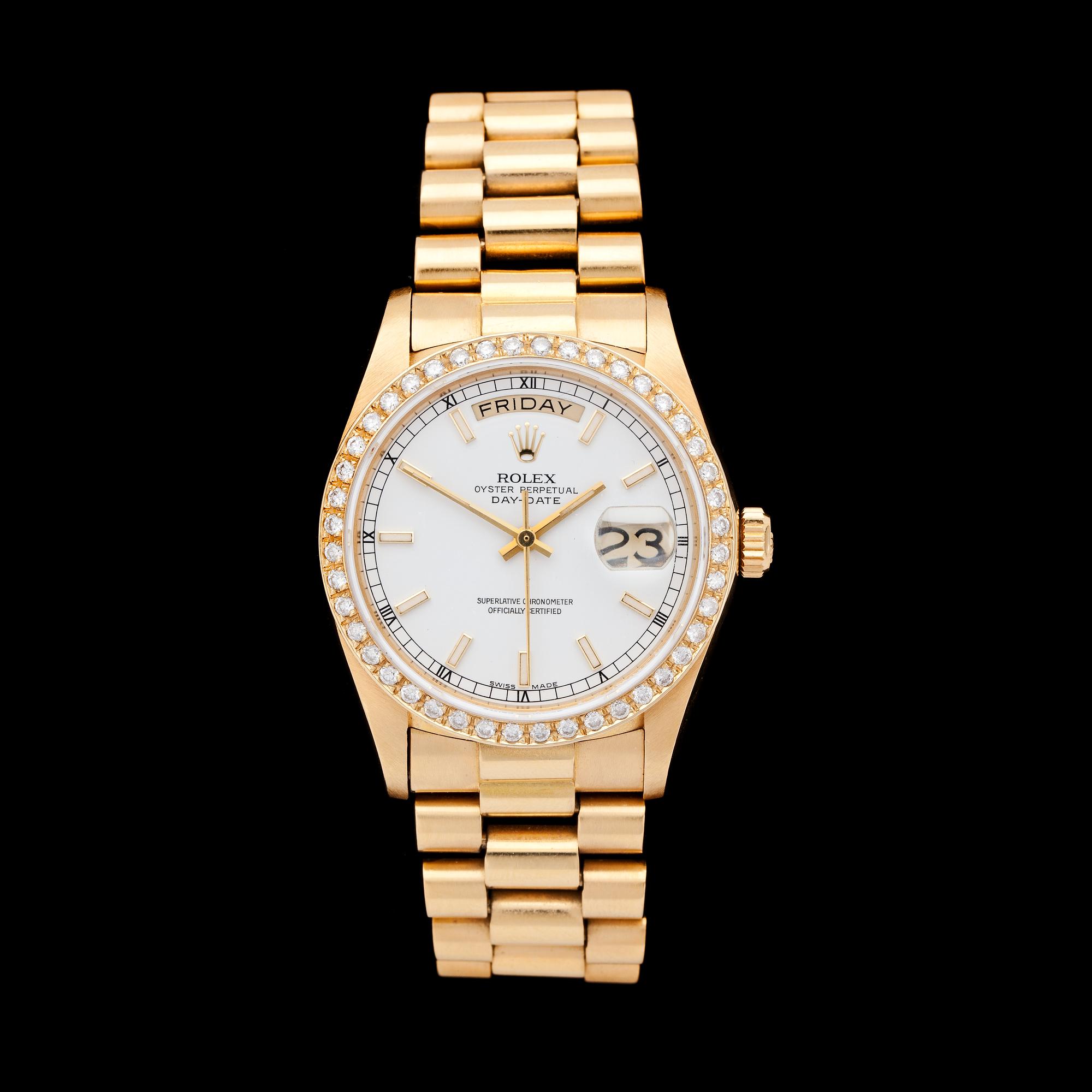 ARMBANDSUR, Rolex, Oyster Perpetual Day-date, guld med briljantslipade diamanter, 1977.