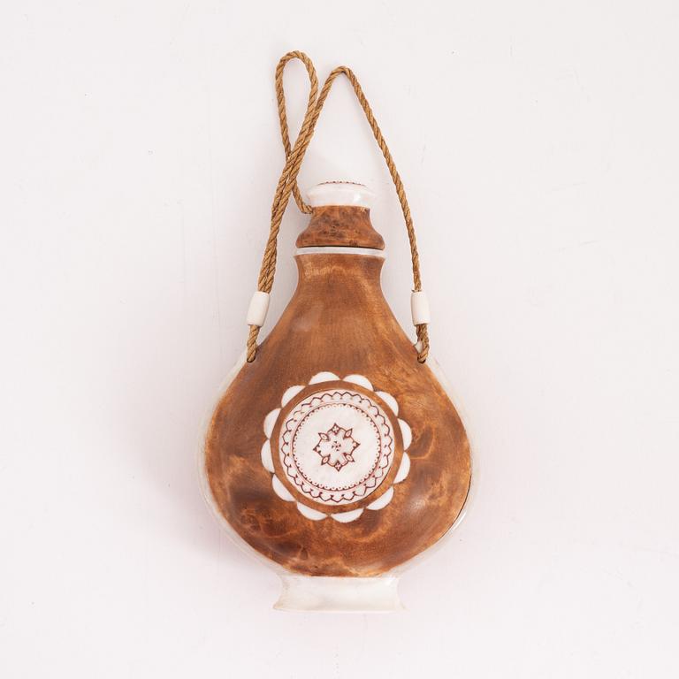 A birch and reindeer horn flask by Anders Sunna, signed.