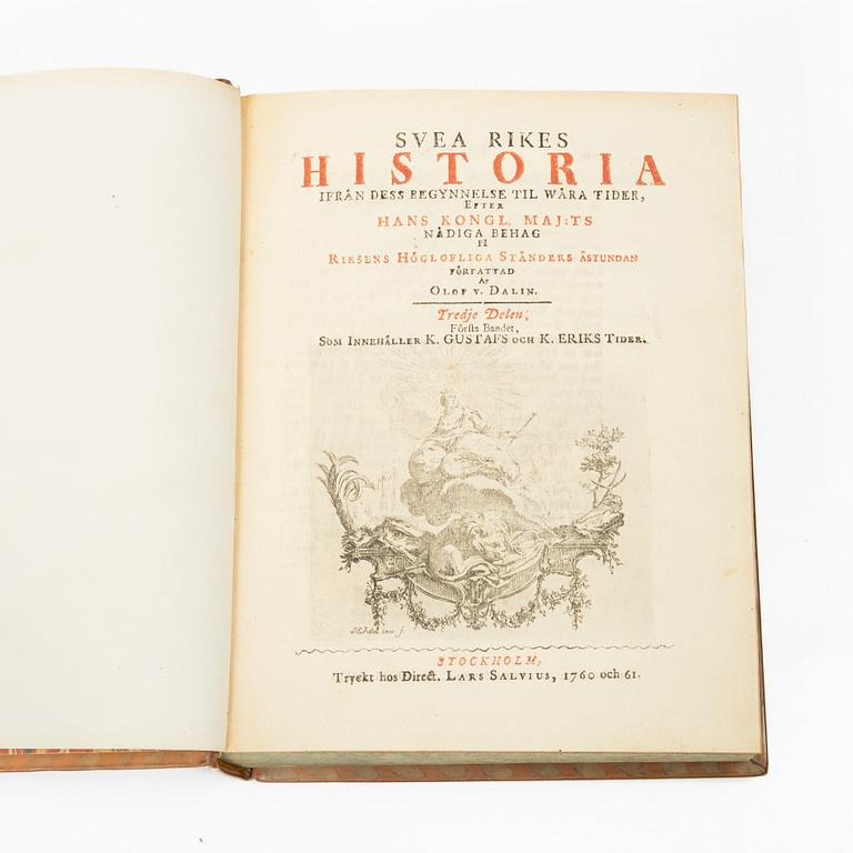 Books, four volumes,'Svea Rikes Historia', Olof Dalin, Lars Salvius, Stockholm, 1747-62.