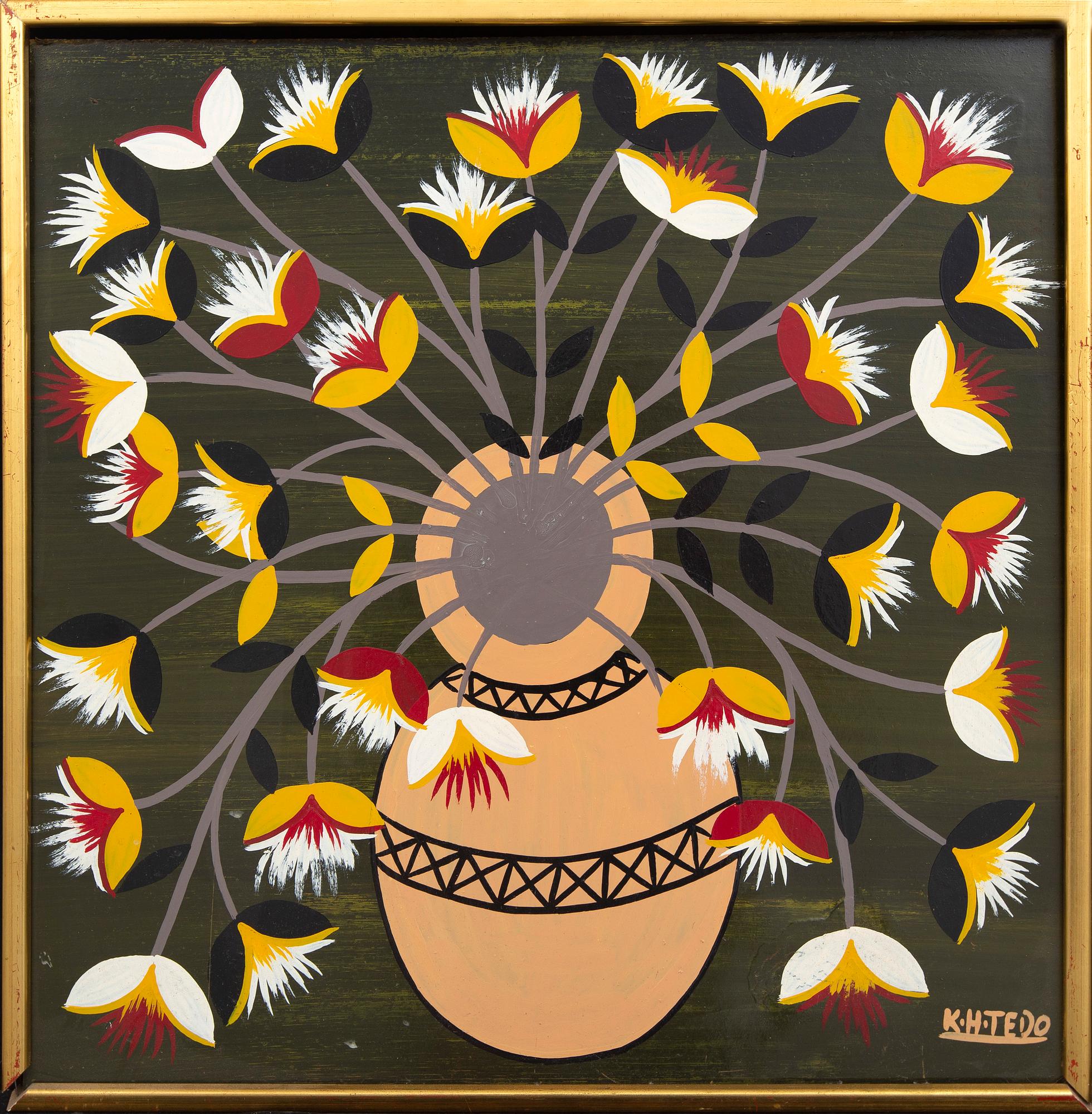 An 1970:s Kasper Henrik Tedo so called Tingatinga- painting, bicycle paint on masonite, signed.