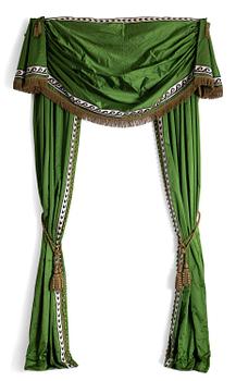 278. Curtains, a pair, green silk with ribbon embroidery.