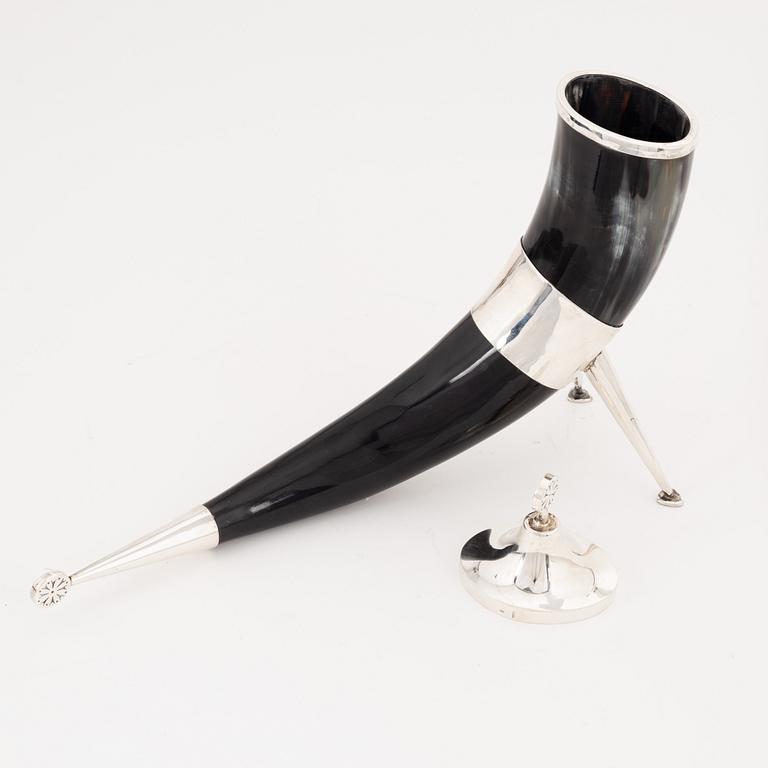 A Norwegian silver and horn drinking horn, 20th Century.