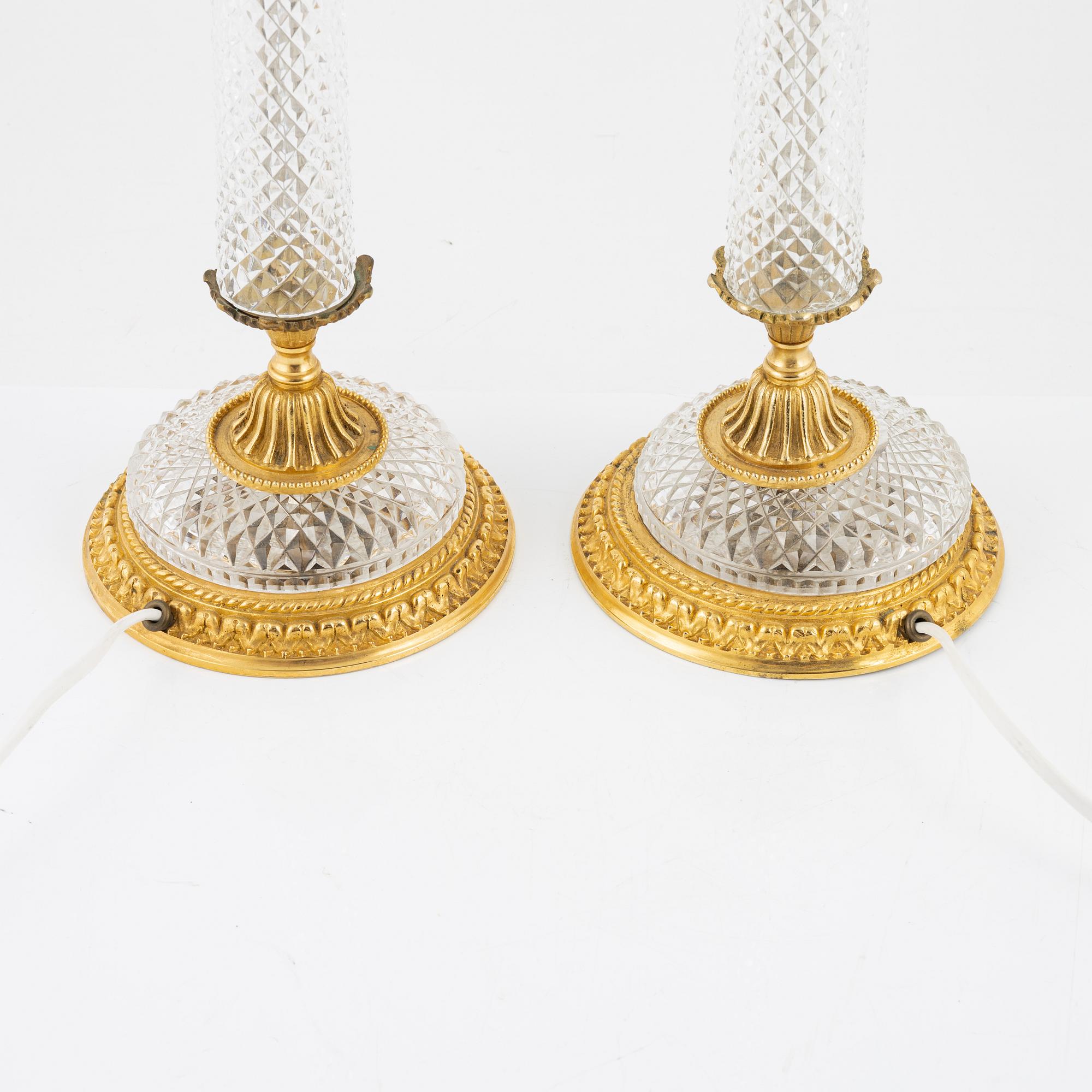 A pair of Empire-style glass and cut glass table lamps, late 20th century.