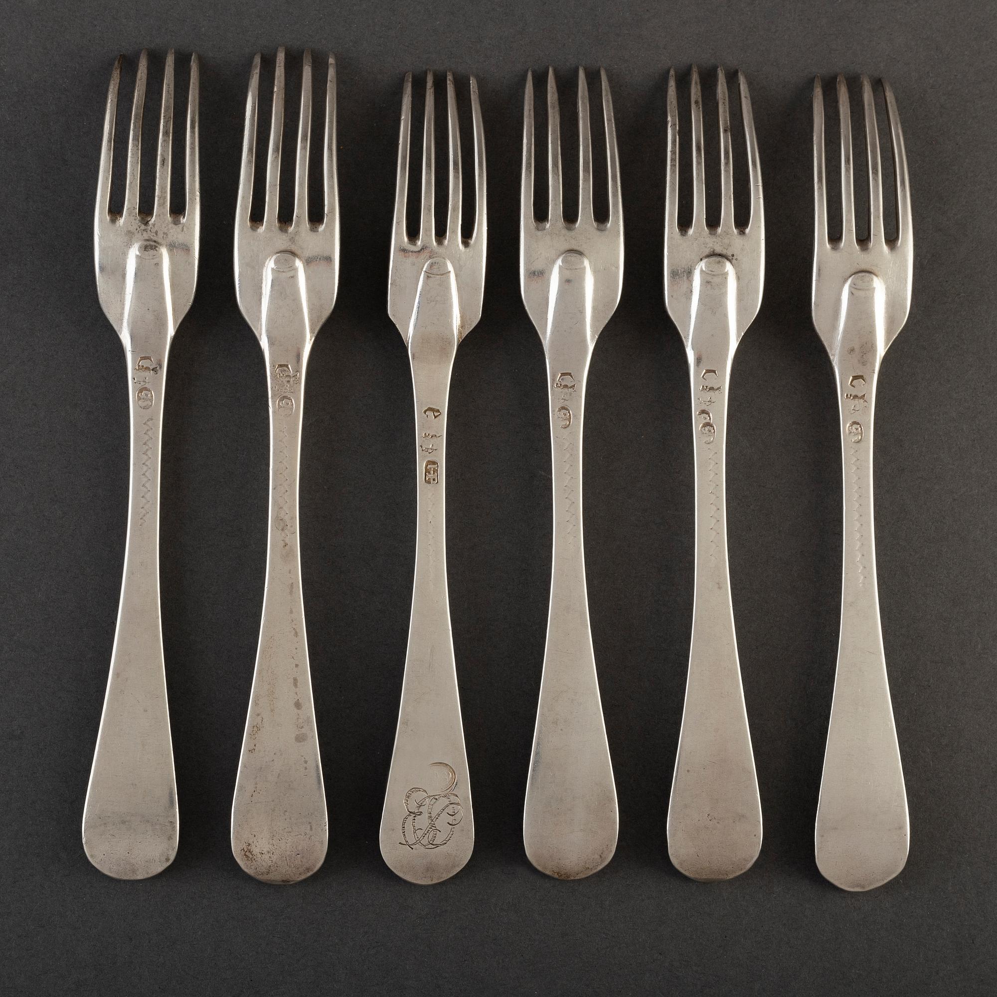 6 silver spoons, among others Gustaf Stafhell the elder, Stockholm 1739.