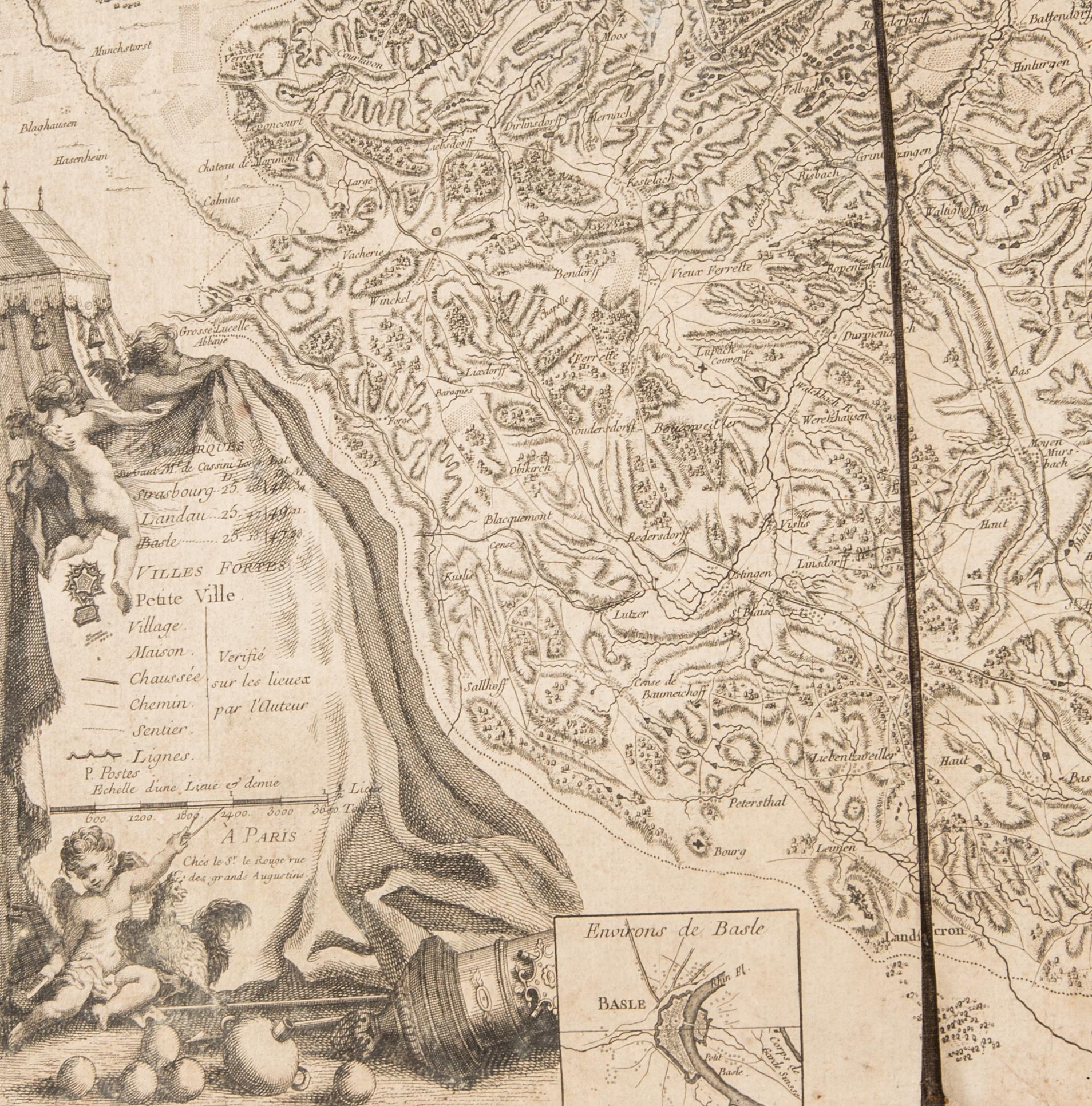 KARTA, Rhendalen, "Le Cours du Rhin de bale", le Rouge, Paris 1745, kopparstick.