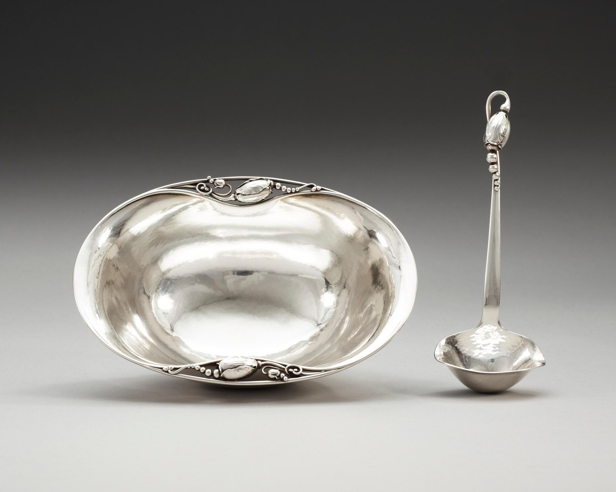 A Georg Jensen Blossom sterling bowl and sauce ladle, Copenhagen 1945-77,