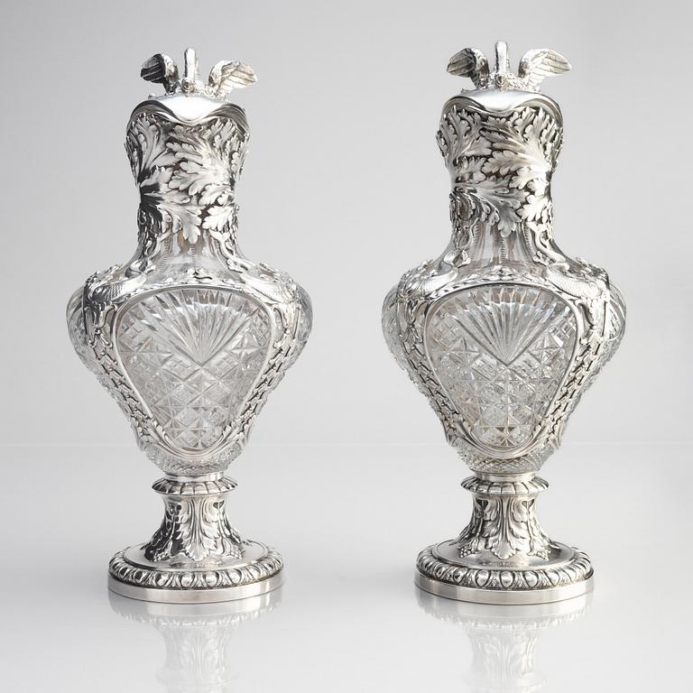 A pair of flamboyant and unusual large silver and cut-glass decanters by Wilhelm Bolin Moscow 1912-1917.